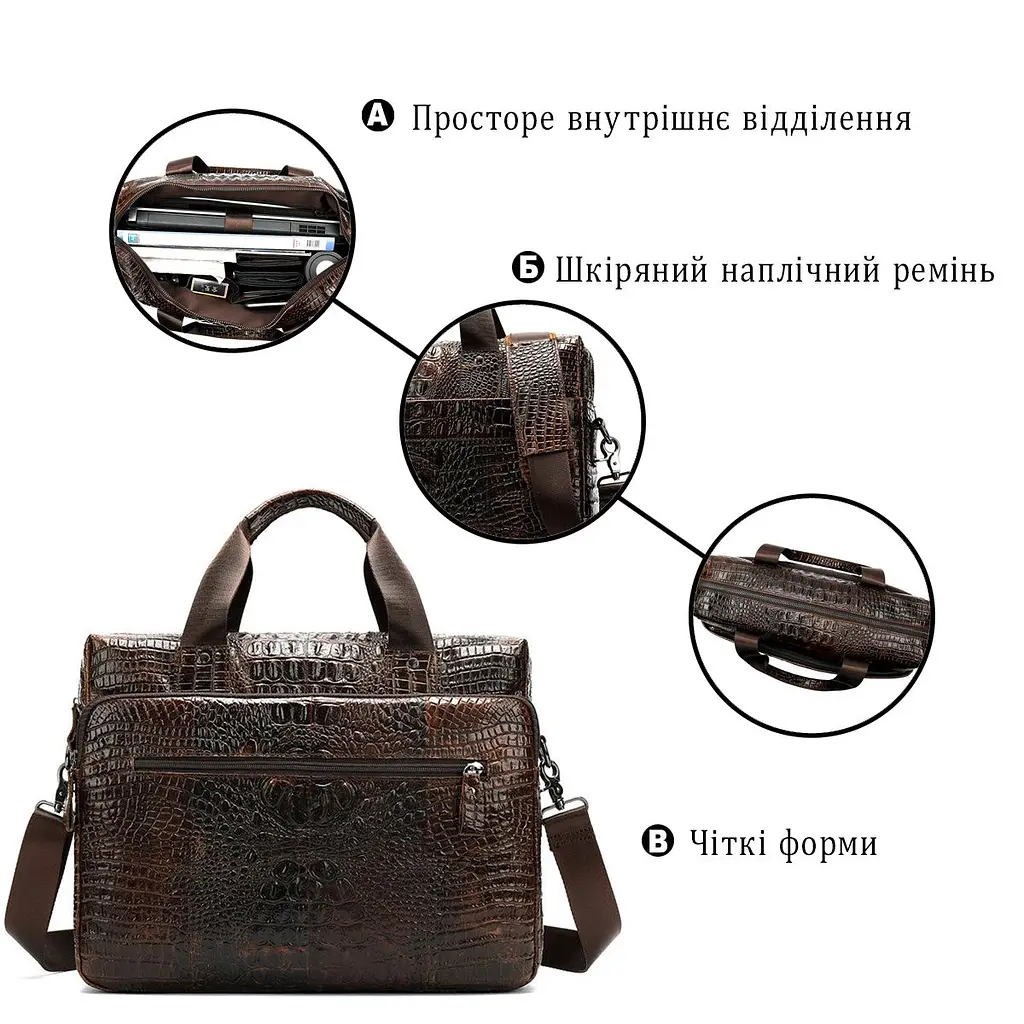 Сумка для ноутбука з тисненням під рептилію 14719 Vintage коричнева - фото 4