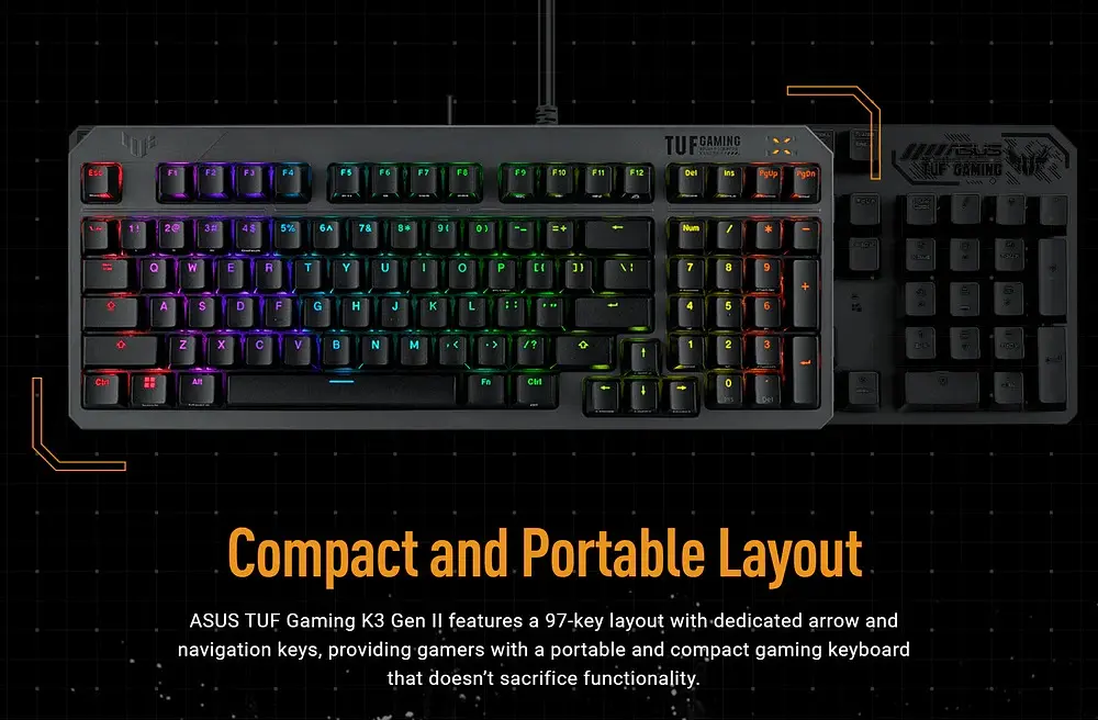 Клавiатура Asus TUF Gaming K3 Gen II Opti-Mech RGB 97key Switches ABS Black (90MP0390-BKMA00)_promo - фото 4