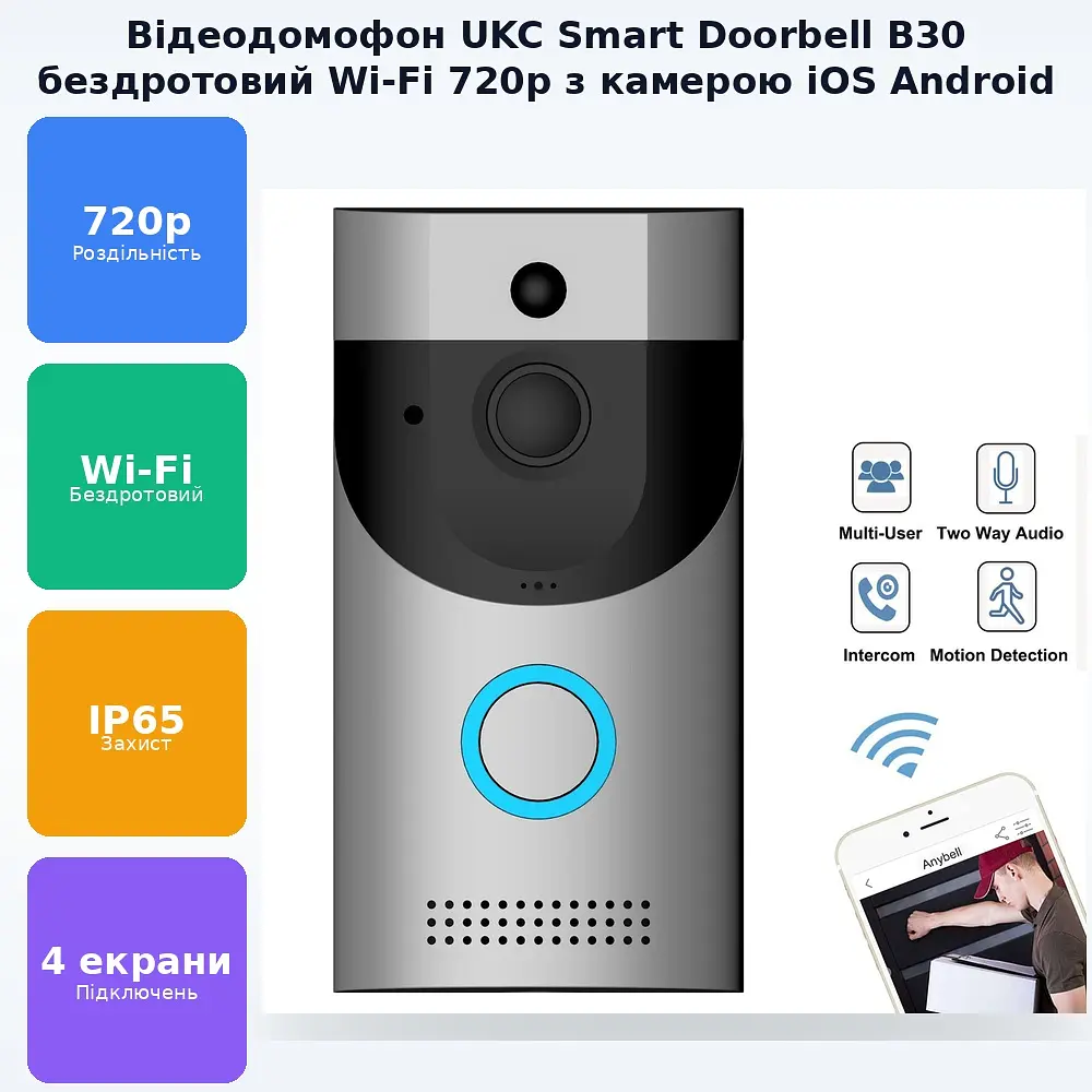 Бездротовий домофон із системою відеоспостереження Wi-Fi 720p відеодомофон iOS та Android Smart Doorbell B30 - фото 2