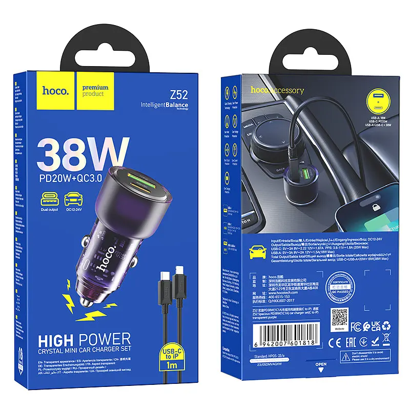 Адаптер автомобильный Hoco Type-C to Lightnig Cable Spacious Car charger set Z52 1USB/1Type-C, 38W/3A, PD/QC - фото 2