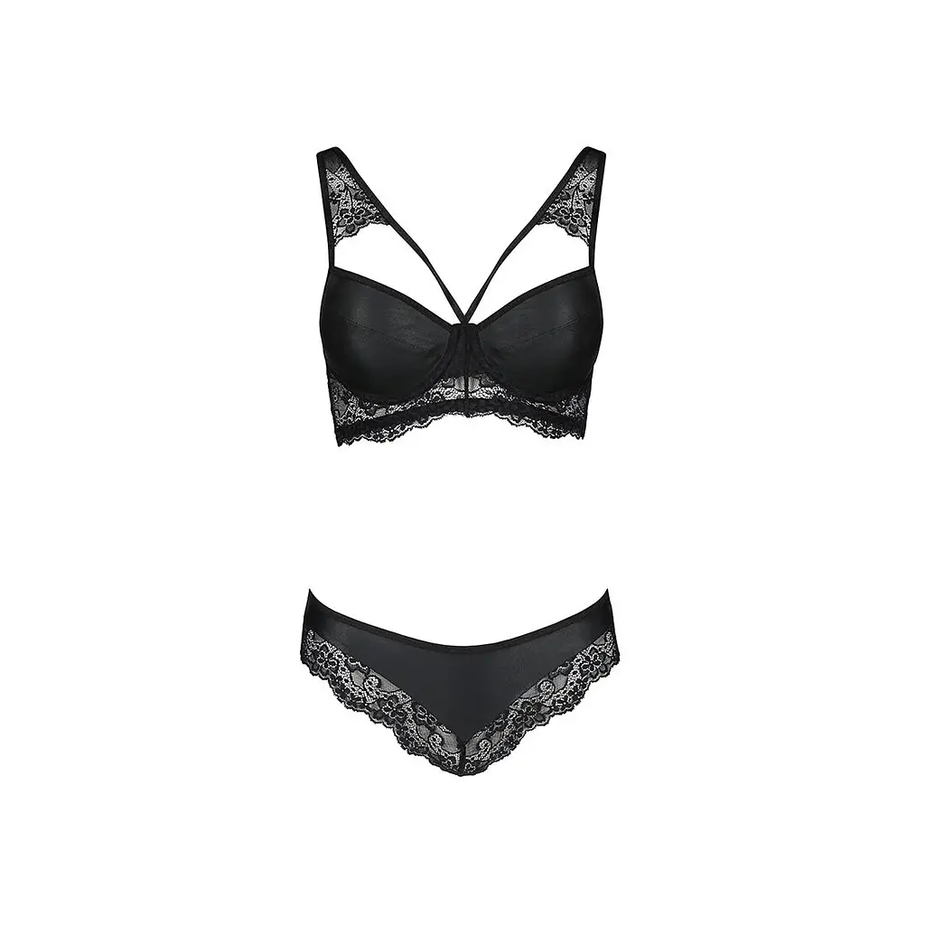 Комплект з еко-шкіри та мережива Passion LOONA SET L/XL, black, бра і трусики - фото 5