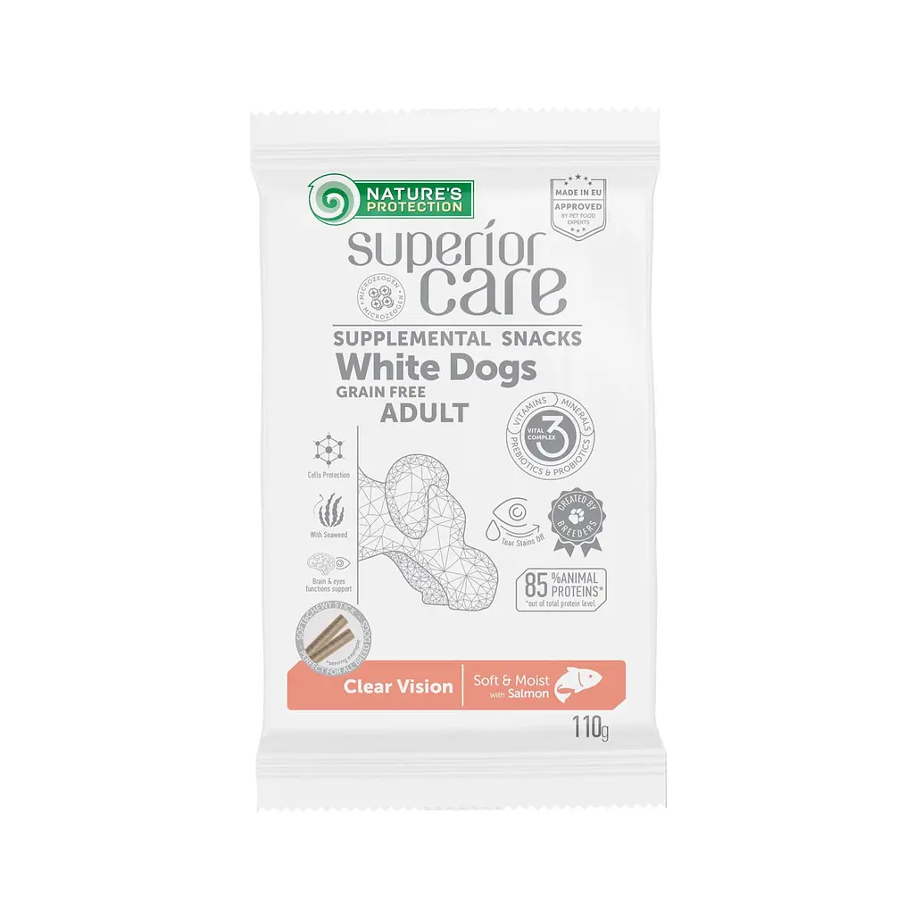 Беззернові ласощі для білих собак Nature's Protection SC White Dogs Clear Vision з лососем, 110 г