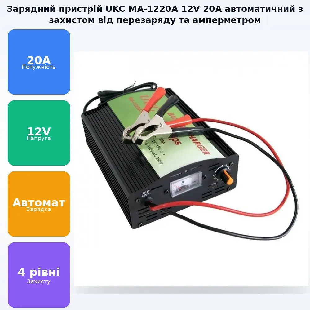 Зарядний пристрій для акумуляторів 20A заряджання автомат із захистом від перевантаження та перезаряджання UKC Battery Charger MA-1220A(12V/20A) - фото 2