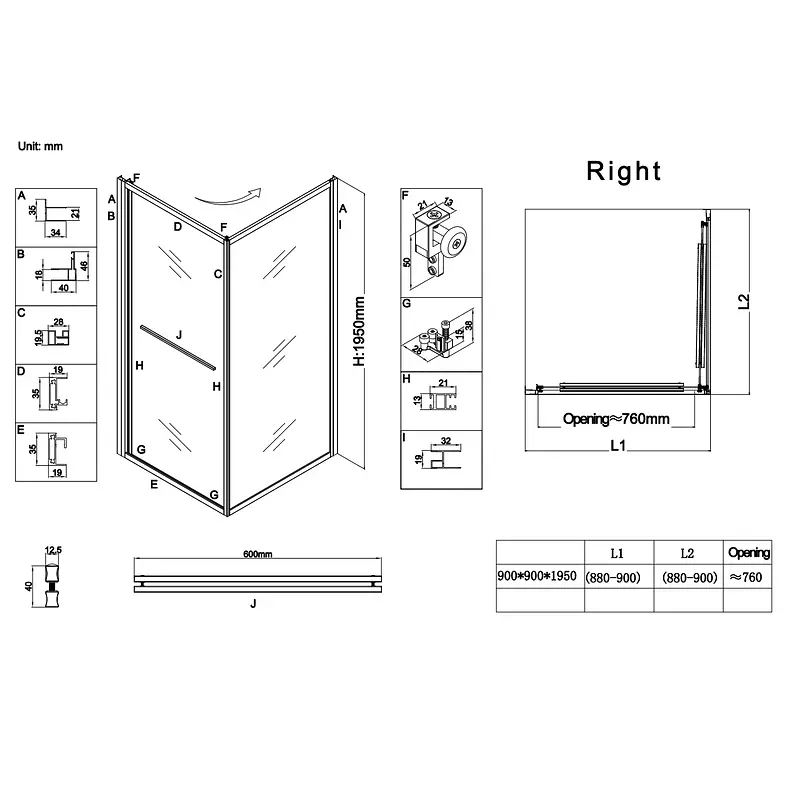 Душова кабіна без піддону Koer Sr SC09-90x90x200-R-TR-12 прозоре скло Easy Clean 6мм Матове золото KR5771, Золотий, прозорий, золотий - фото 3