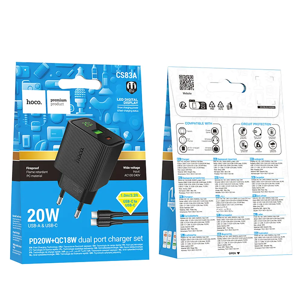 МЗП Hoco CS83A Excellent PD20W+QC3.0 charger with digital display set(Cto C)(EU) Black - фото 2