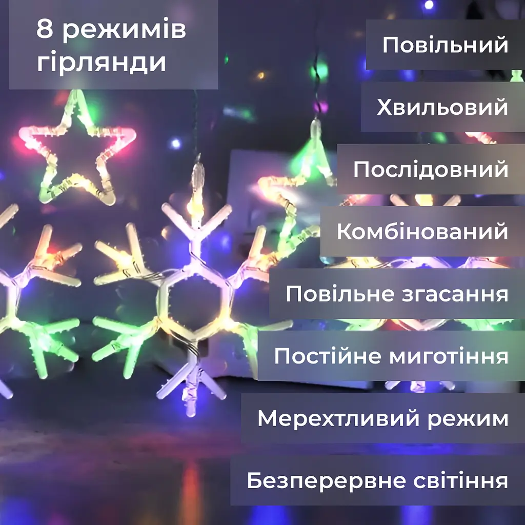 Гирлянда-штора GarlandoPro Звезды и снежинки размер 3x0.9 м 10 фигур, мультиколор (1733065ML) - фото 4