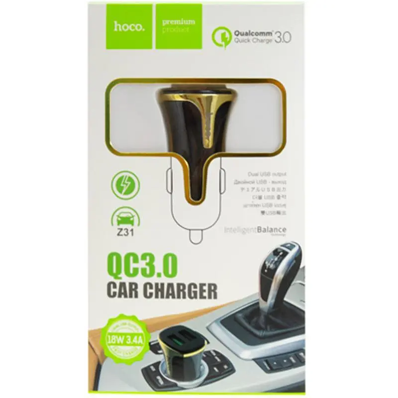 Автомобільний зарядний пристрій Hoco Z31 2 USB QC 3.0 Black/Gold + USB Cable Type-C 3.4A - фото 2