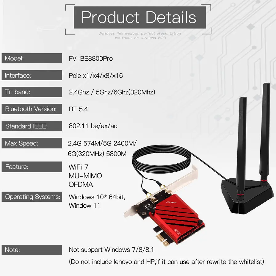 Бездротовий адаптер Fenvi FV-BE8800Pro Wi-Fi 7, Bluetooth 5.4 Gaming Tri Band 2.4G/5G/6GHz - фото 9
