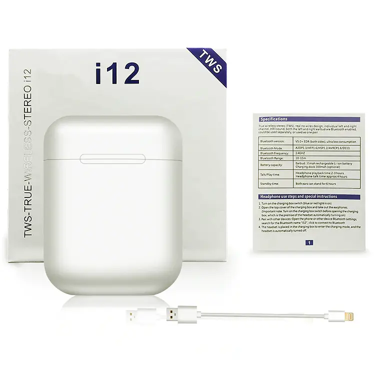 Бездротові навушники TWS i12 з боксом для заряджання White (au044) - фото 6
