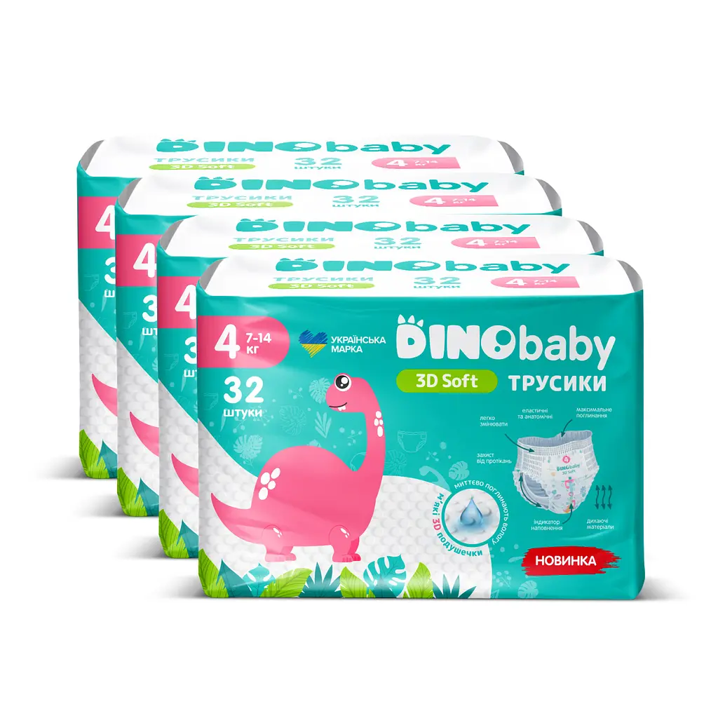 Набор подгузники-трусики Dino Baby 3D Soft 4 размер (7-14 кг) 128 шт. (4 упаковки по 32 шт.) (NDB4.703.4) - фото 2