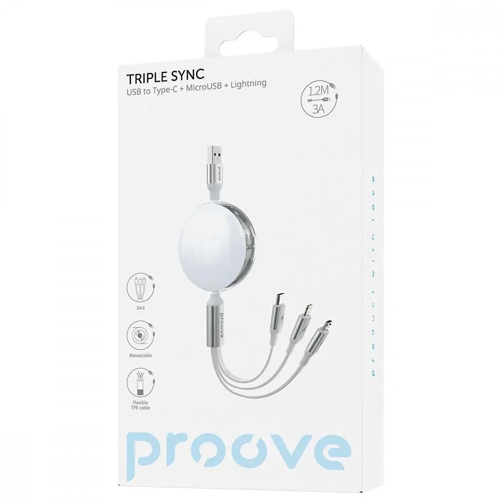 Кабель Proove Triple Sync 3 in 1 Type-C + Micro USB + Lightning (1.2m) white (CCTS20001502) - фото 2