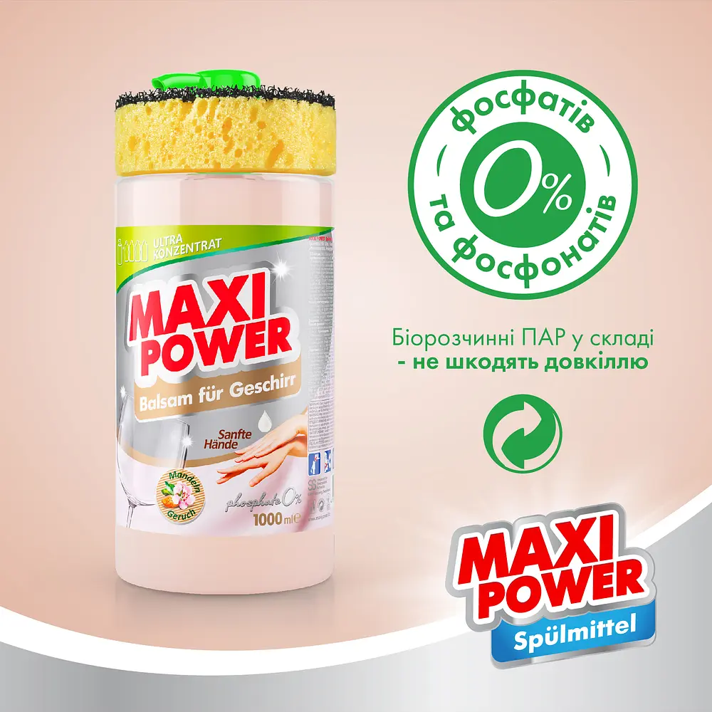 Средство-бальзам для мытья посуды Maxi Power Миндаль с губкой, 1 л - фото 7