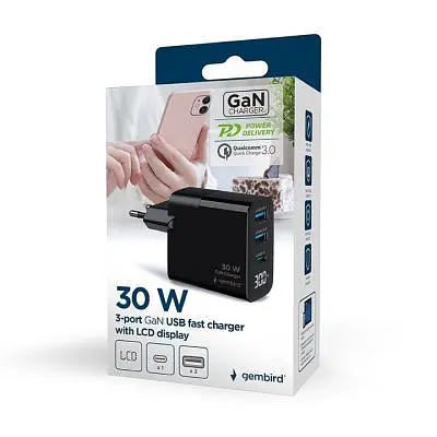Зарядний пристрій Gembird 2хUSB-A (QC3.0 18W) + 1хType-C (PD20W) LCD black (TA-UC-PDQC30LCD-BK-02) - фото 8