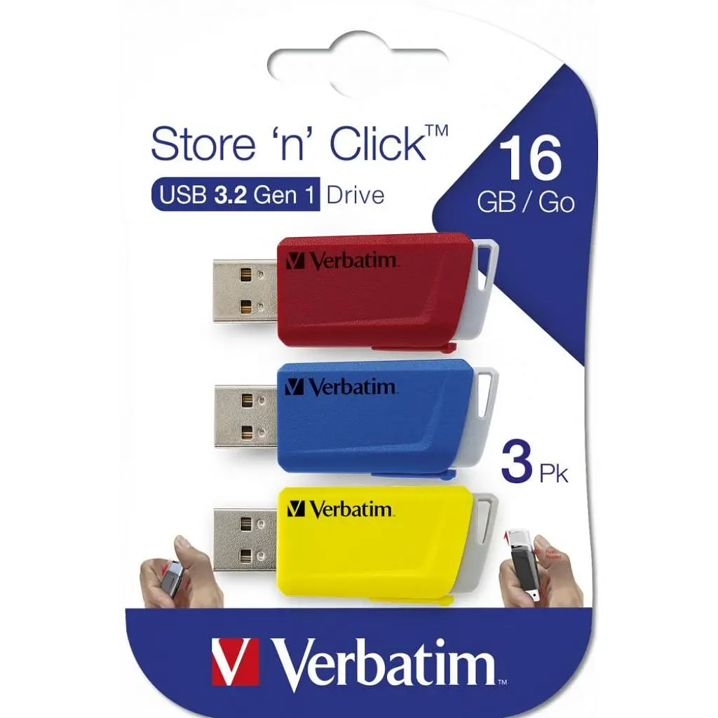 Флеш-накопичувач Verbatim USB флеш накопичувач 3x16GB Store 'n' Click Red/Blue/Yellow USB 3.2 (49306) - фото 7