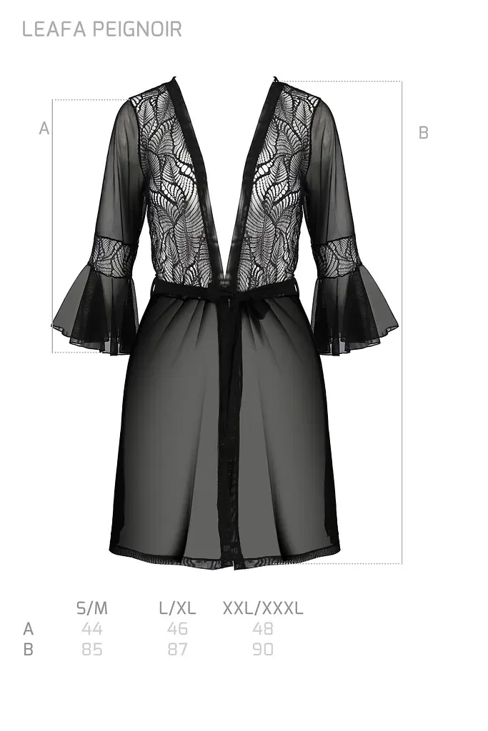 Пеньюар Passion LEAFA PEIGNOIR black S/M, довжина трохи вище коліна, широкі рукави, зав'язується на пояс - фото 5