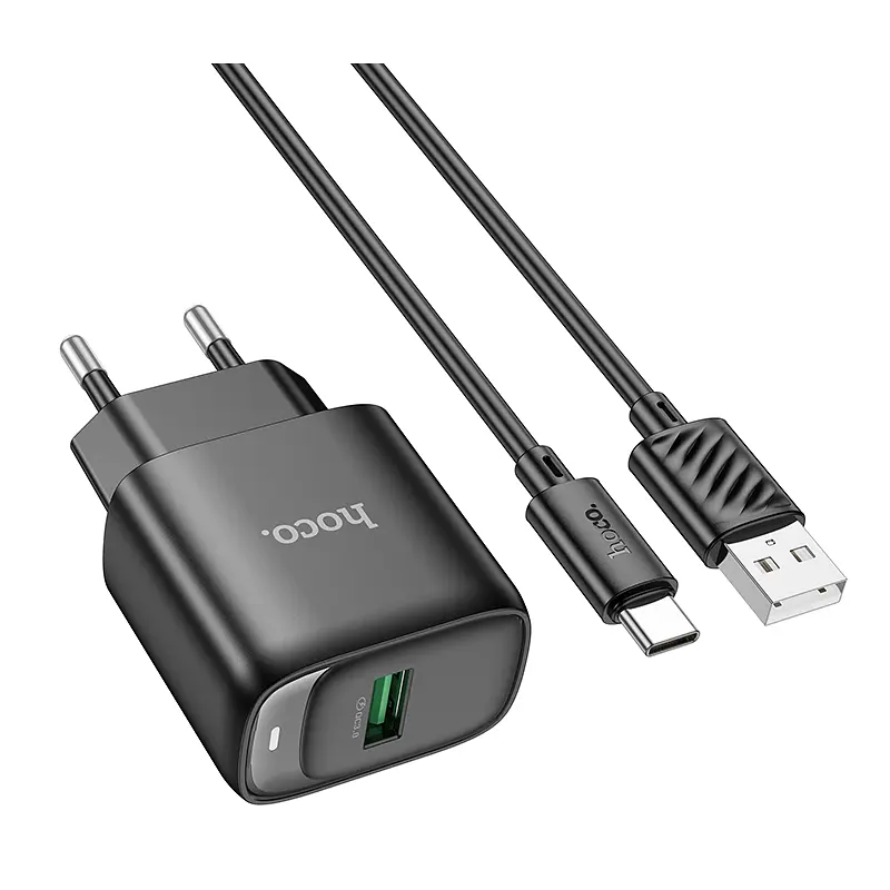 Сітчастий зарядний пристрій із кабелем HOCO C140A Smart single port QC3.0 charger set(Type-C)(EU) чорний
