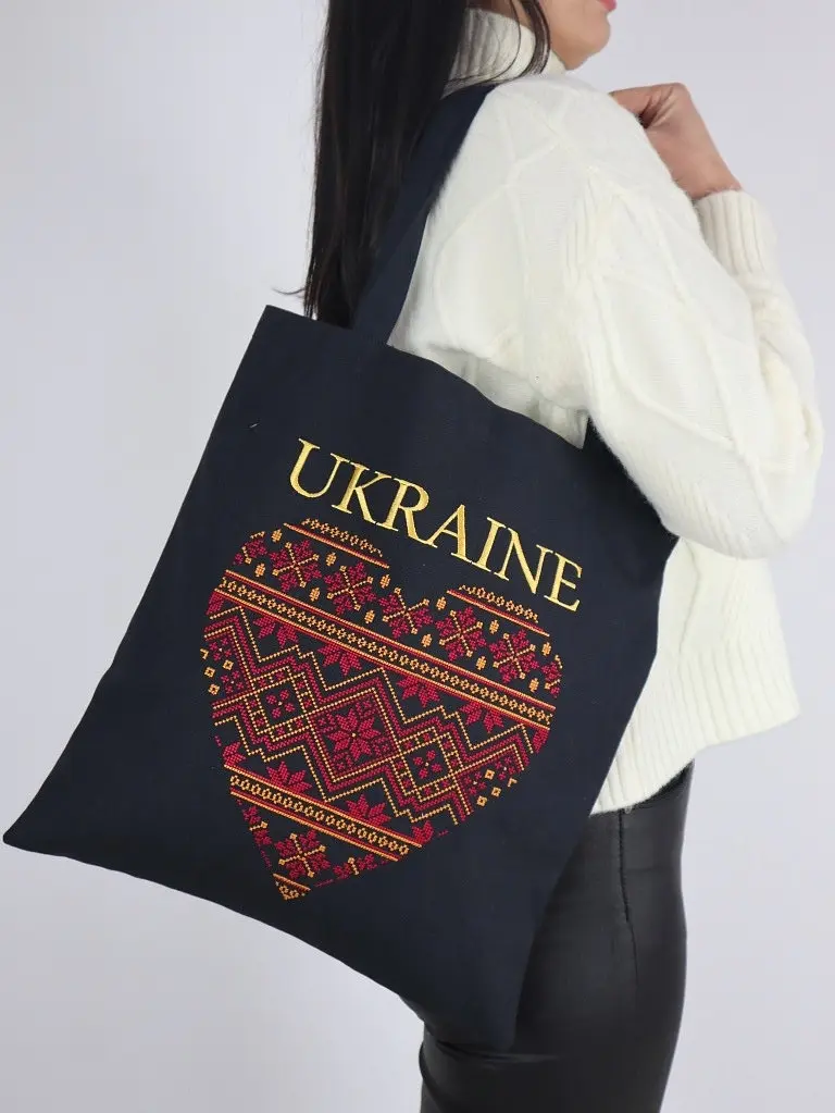 Шоппер з вишивкою UKRAINE червоне серце з золотом, екосумка для покупок - фото 6