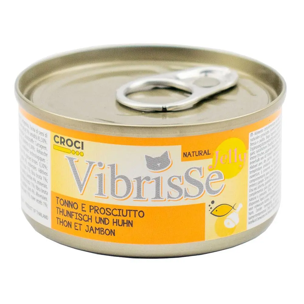 Вологий корм для котів Vibrisse Jelly тунець та куряча шинка в желе, банка 70 г