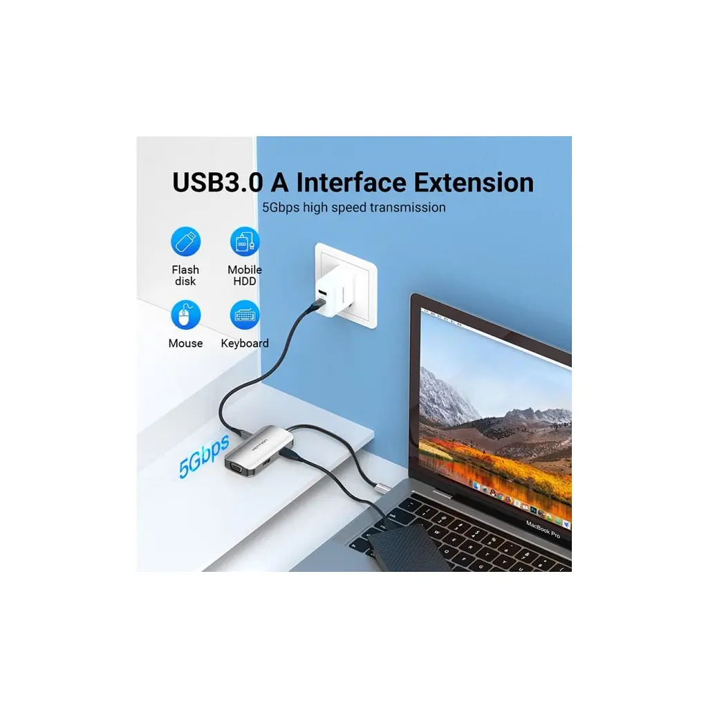 Концентратор Vention USB3.1 Type-C --> HDMI/VGA/USB 3.0/PD 100W Hub 4-in-1 (TOAHB) - фото 6
