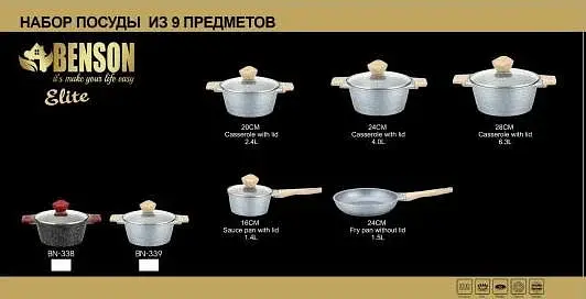 Набір каструль BN-339,9 предметів, ковшик 1,4 л; 2,4 л; 4 л; 6,3 л; сковорода 24 см - фото 3