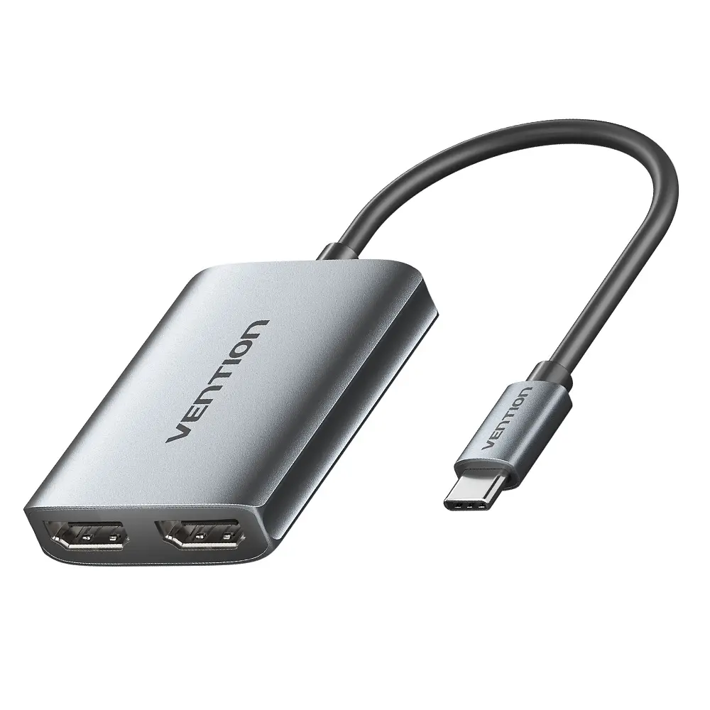 MST-відеоадаптер для двох дисплеїв Vention USB-C штекер на два HDMI-гнізда Одночасний вивід 4K 30 Гц на HDMI 1 та 1080p 60 Гц на HDMI 2 Порт USB-C пристрою має підтримувати DP Alt Mode Для першого використання потрібне налаштування UDisplay Режими дублювання та розширення екрана Сумісність із Windows та macOS З вбудованим кабелем 0,15 м Сірий (ACZHB)