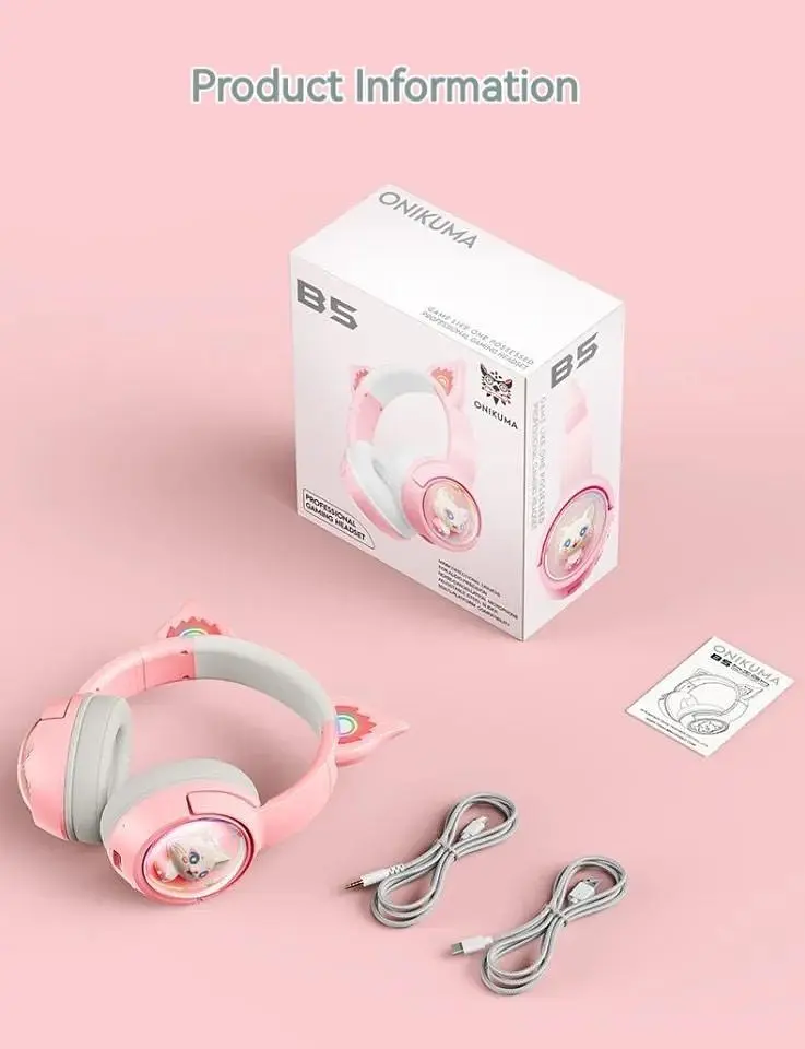 Детские игровые беспроводные наушники Onikuma B5 c RGB подсветкой и встроенным микрофоном Розовый - фото 8