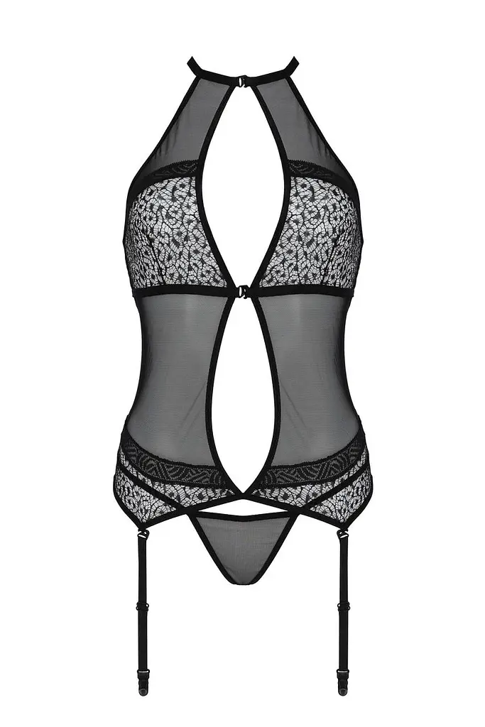 Корсет з пажами Passion Satara CORSet S/M black стрінги мереживо застібки спереду та ззаду - фото 3