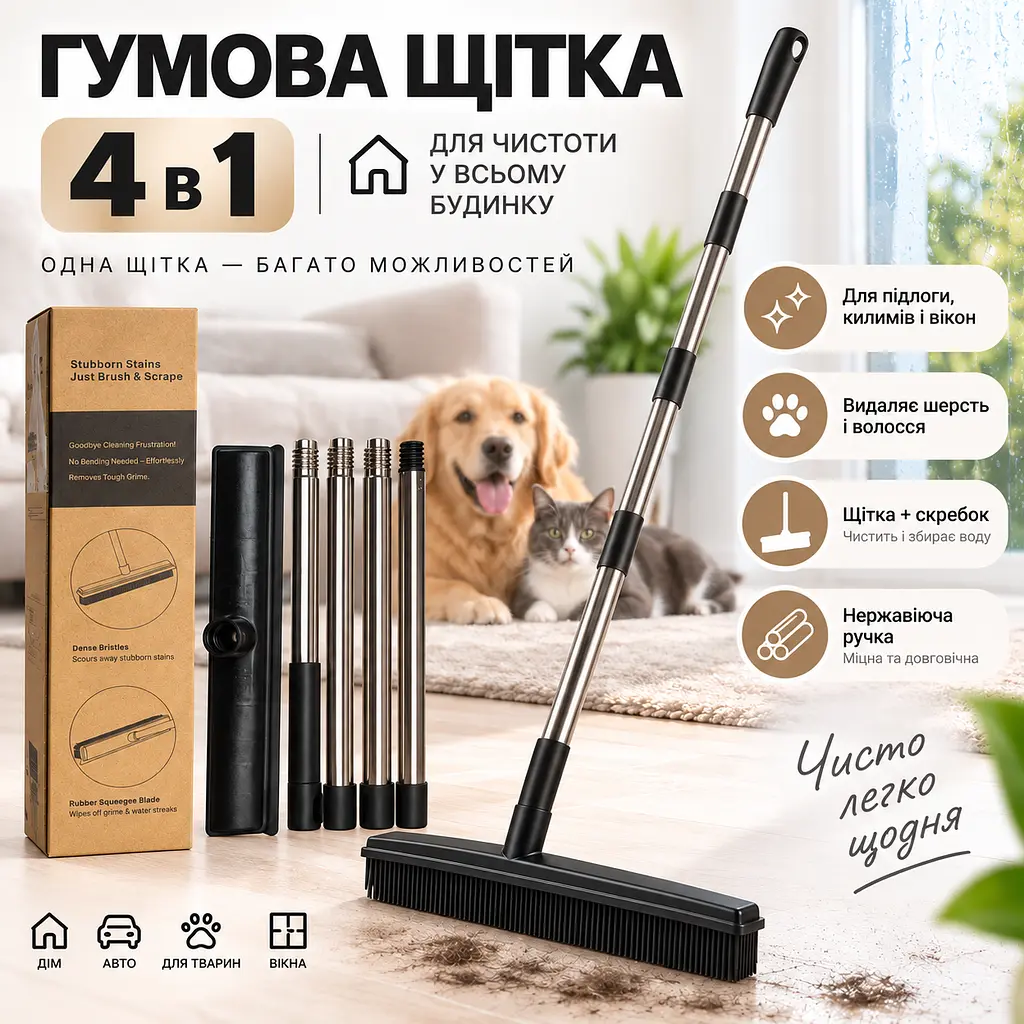 Універсальна гумова щітка-швабра 4 в 1 для підлоги, килимів, шерсті та вікон, ручка з нержавіючої сталі KT9005102