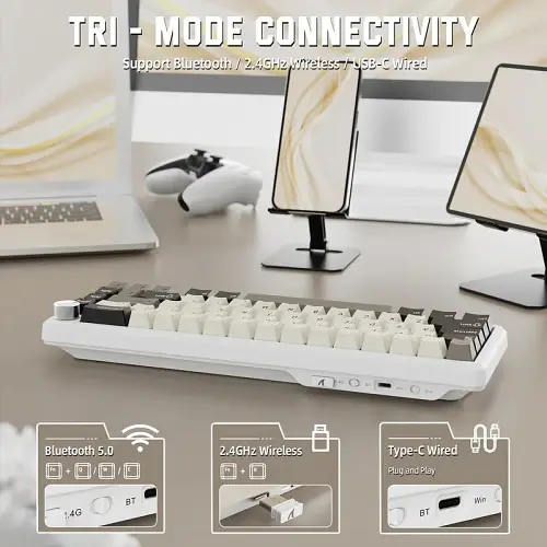 Клавіатура бездротова Attack Shark X66, White Cheese, Bluetooth 5.0 / 2.4GHz USB / Type-C, механічна (перемикачі Linear Strawberry), RGB підсвічування, 66 кнопок, акумулятор 3000 mAh, EN/UA - фото 3