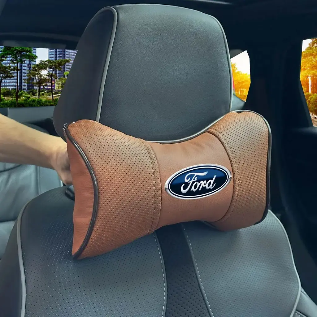 Подушка на підголівник з логотипом Ford Екошкіра 3D Кольоровий лого Коричневий-Коричневий кант 1 шт