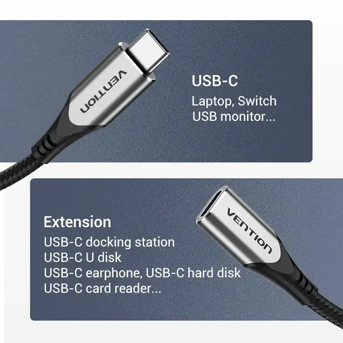 Кабель подовжувач Vention Thunderbolt 3 — USB 3.1 Type-C M-F (60W 20V 3A) 4K 60HZ 1 метр - фото 5