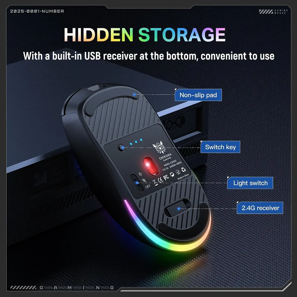 Компьютерная мышка Onikuma беспроводная игровая аккумуляторная CW-935 Pro с RGB подсветкой и 3 режимами подключения - фото 8