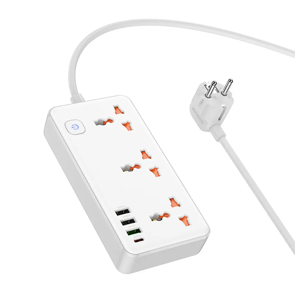 Мережевий зарядний пристрій подовжувач Hoco AC8A 3 USB/Type-C PD QC 30W 3 розетки 1.5m білий - фото 3