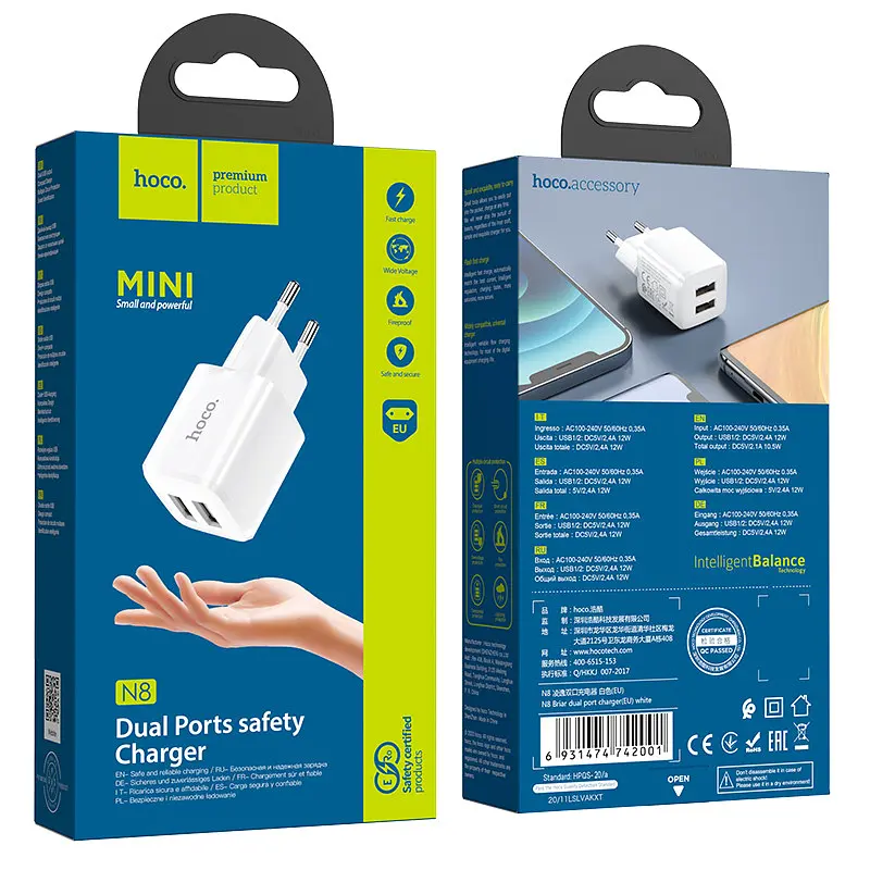 Адаптер мережевий HOCO Briar dual port charger N8 2 USB білий - фото 6