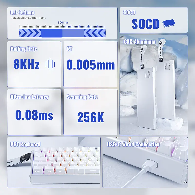 Игровая магнитная клавиатура Attack Shark X68 Max / Проводное подключение / Magnetic Switch / White - фото 9