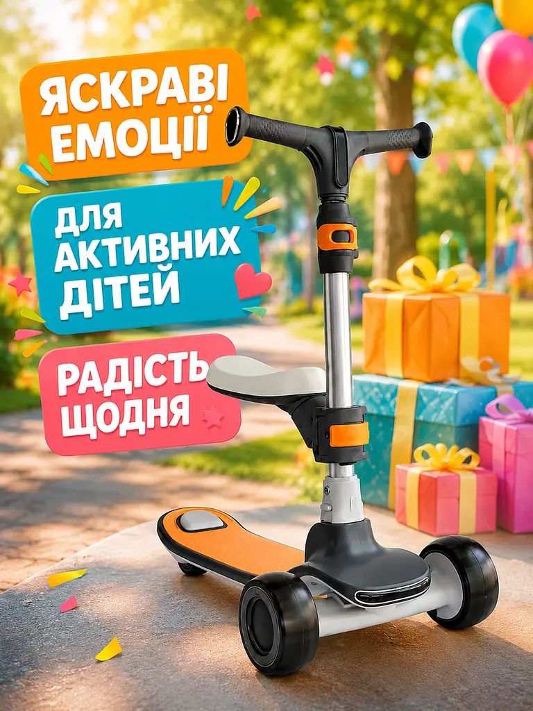 Дитячий самокат-біговел 2в1 чорний із сидінням музикою та підсвічуванням коліс (49675962) - фото 7