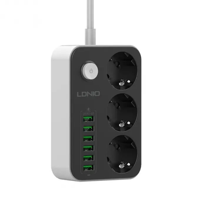 Мережевий фільтр подовжувач чорний 3 розетки з 6 USB 2м із захистом із заземленням LDNIO SE3631 2500W 10A - фото 2
