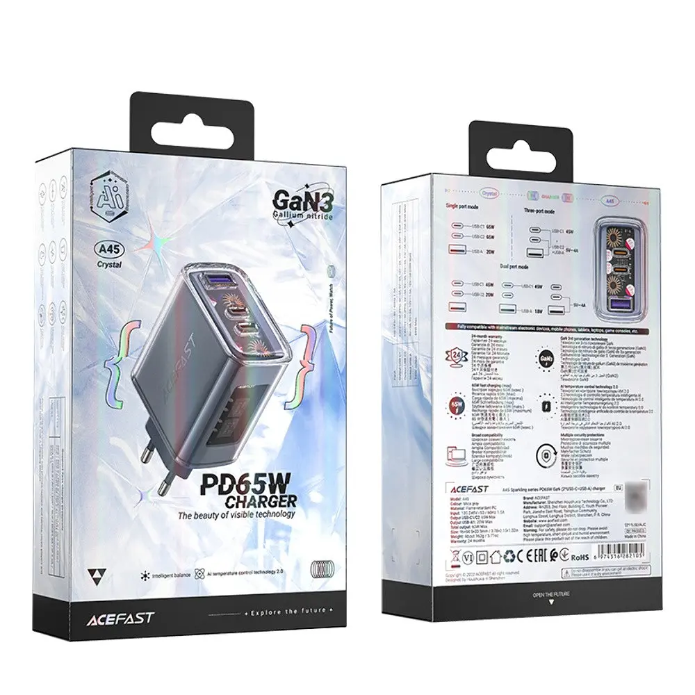 Зарядний пристрій Acefast A45 USB/2 Type-C QC PD PD65W GaN сіре - фото 6