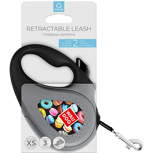 Поводок-рулетка для собак Waudog R-leash Пончики, светоотражающий, XS, до 12 кг, 3 м, черный - фото 3