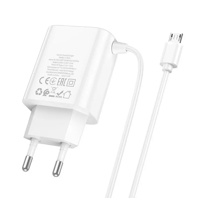 Зарядное устройство Hoco C103A 2 порта + встроенный Micro USB кабель белое - фото 5