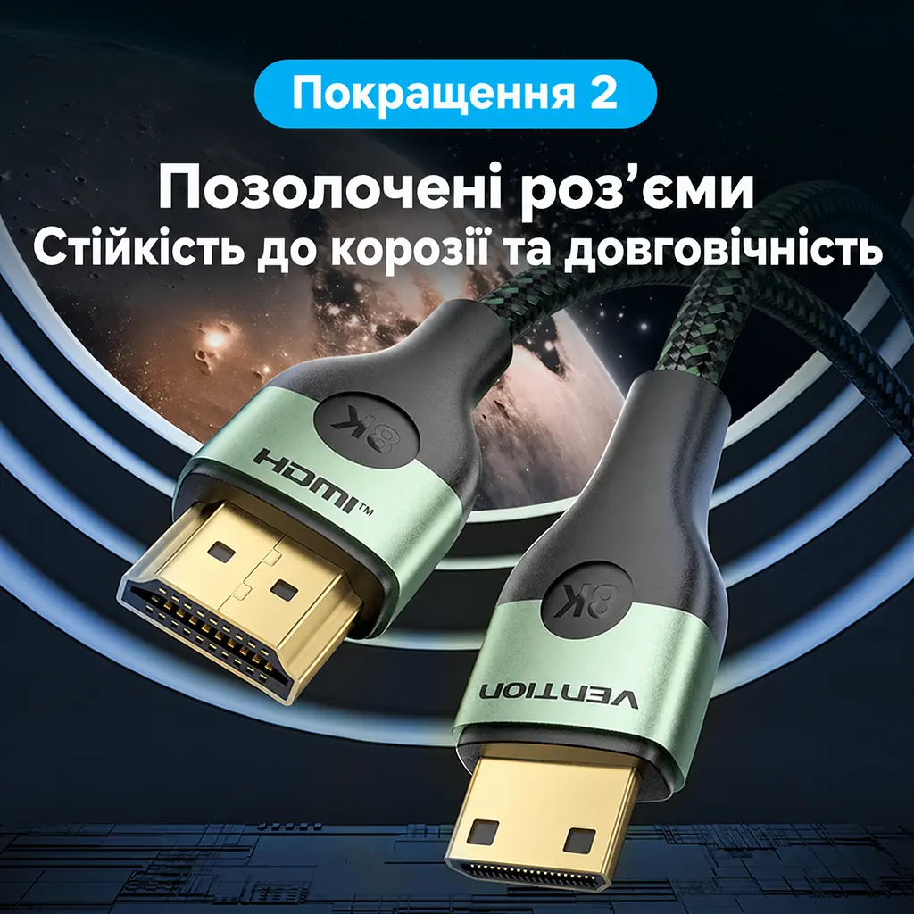 Відеокабель Vention AGJGF Mini HDMI - HDMI 2.1 8K 60 Гц 1 м зелений (AGJGF) - фото 3