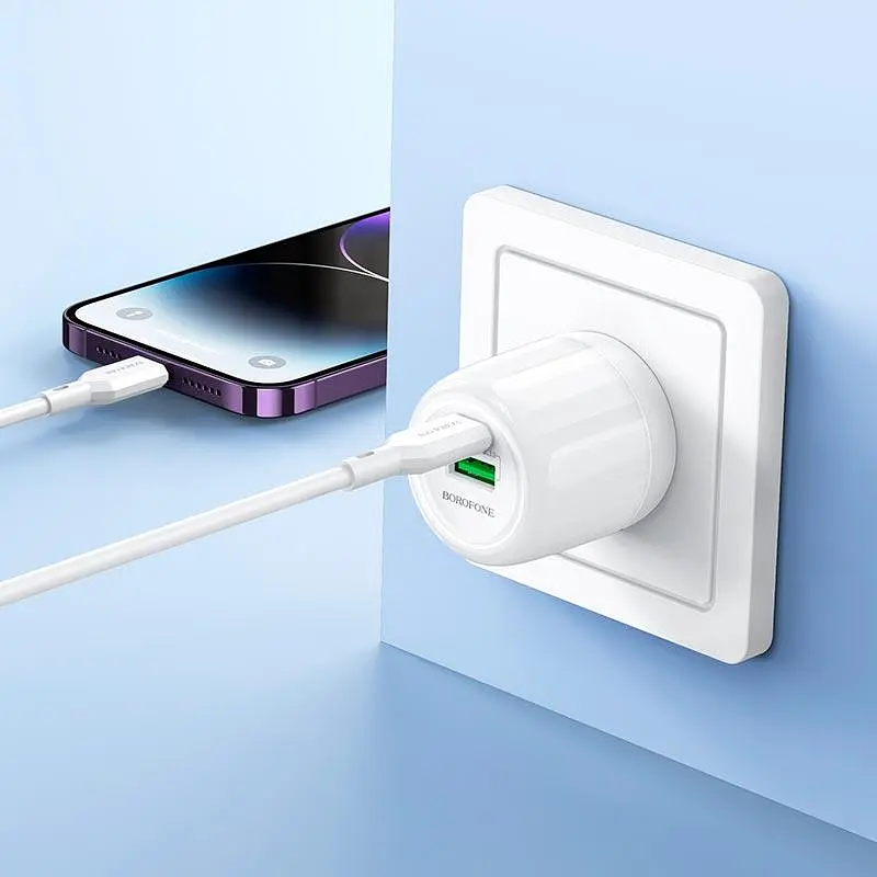 Адаптер сетевой Borofone Lustrous charger BA93A 1USB/1Type-C, 20W/3A, PD/QC| - фото 2