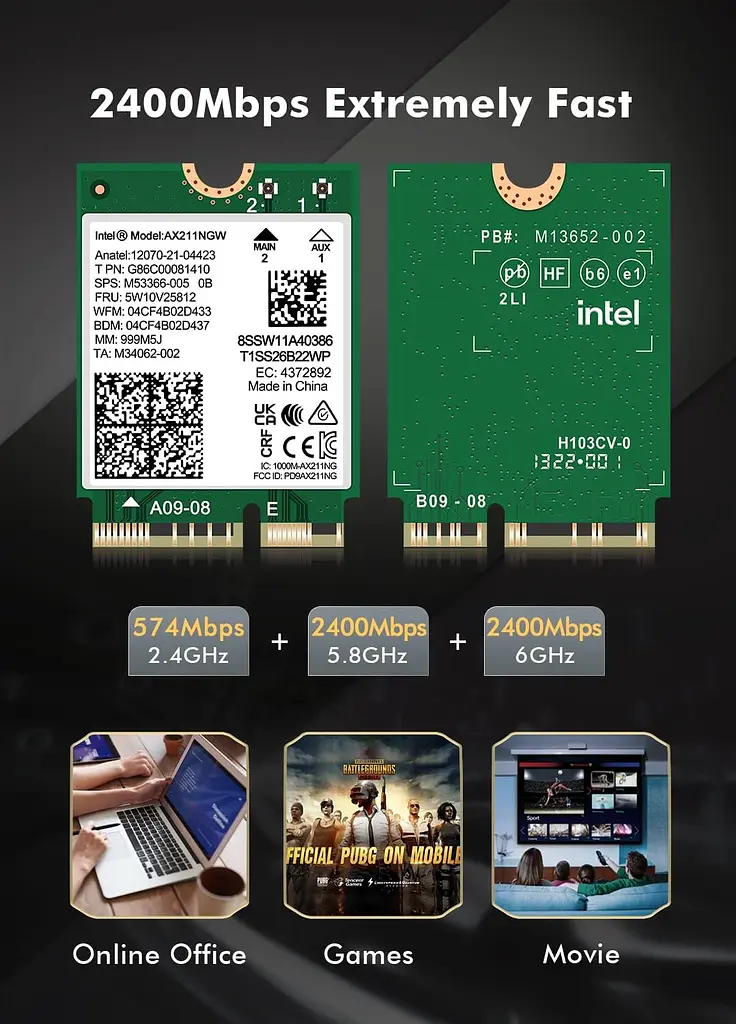Мережева карта Intel WIFI 6E AX211NGW CNVIO2 Тридіапазонний адаптер, MU-MIMO, Bluetooth модуль для ПК/Ноутбука (19528)