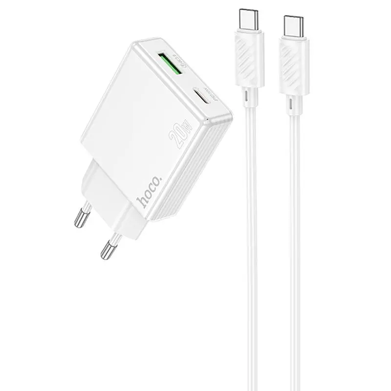 МЗП Hoco C142A Direct PD20W+QC3.0 (1USB-A/1C) + кабель Type-C to Type-C White