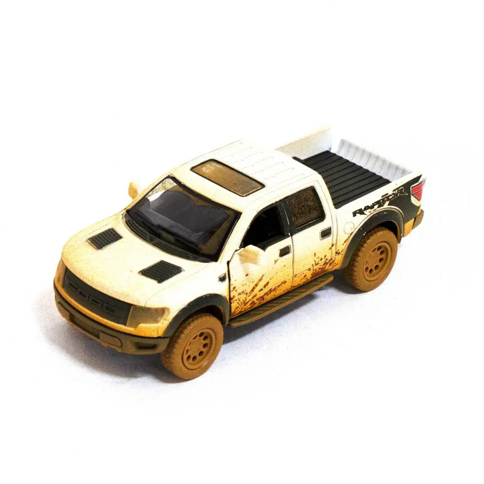 Дитяча модель машинки пікап Ford F-150 SVT Raptor-Supercrew Muddy Kinsmart KT5365WY інерційна, 1:46 White