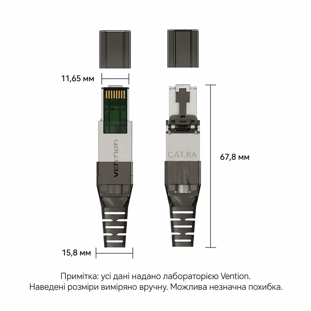 Модульний мережевий штекер Vention конектор RJ45 Cat.6A FTP до 10 Гбіт/с із закріпленням жил без інструментів для жил 23–26 AWG багаторазового використання з укладачем жил T568B з отворами для окремих жил діаметром 1,6 мм із захисним хвостовиком для підрізання під діаметр кабелю із позолоченими контактами сріблястий із напівпрозорими темно-сірими елементами (IDIH0) - фото 4