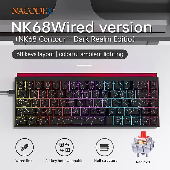 Ігрова механічна дротова клавіатура Ajazz NK68 / Red Switch / 65% / RGB / Black - фото 3