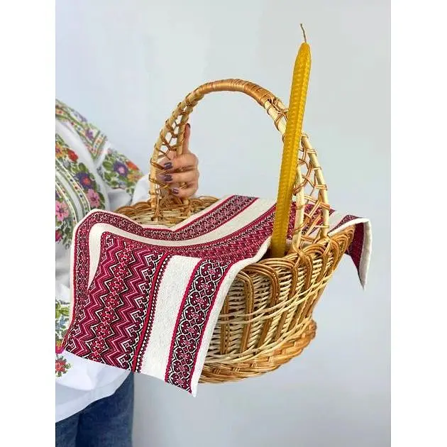 Комплект Пасхальная корзина Галичина (коричневый) с льняным полотенцем 70х30 см Рандеву зеленое и свеча - фото 2