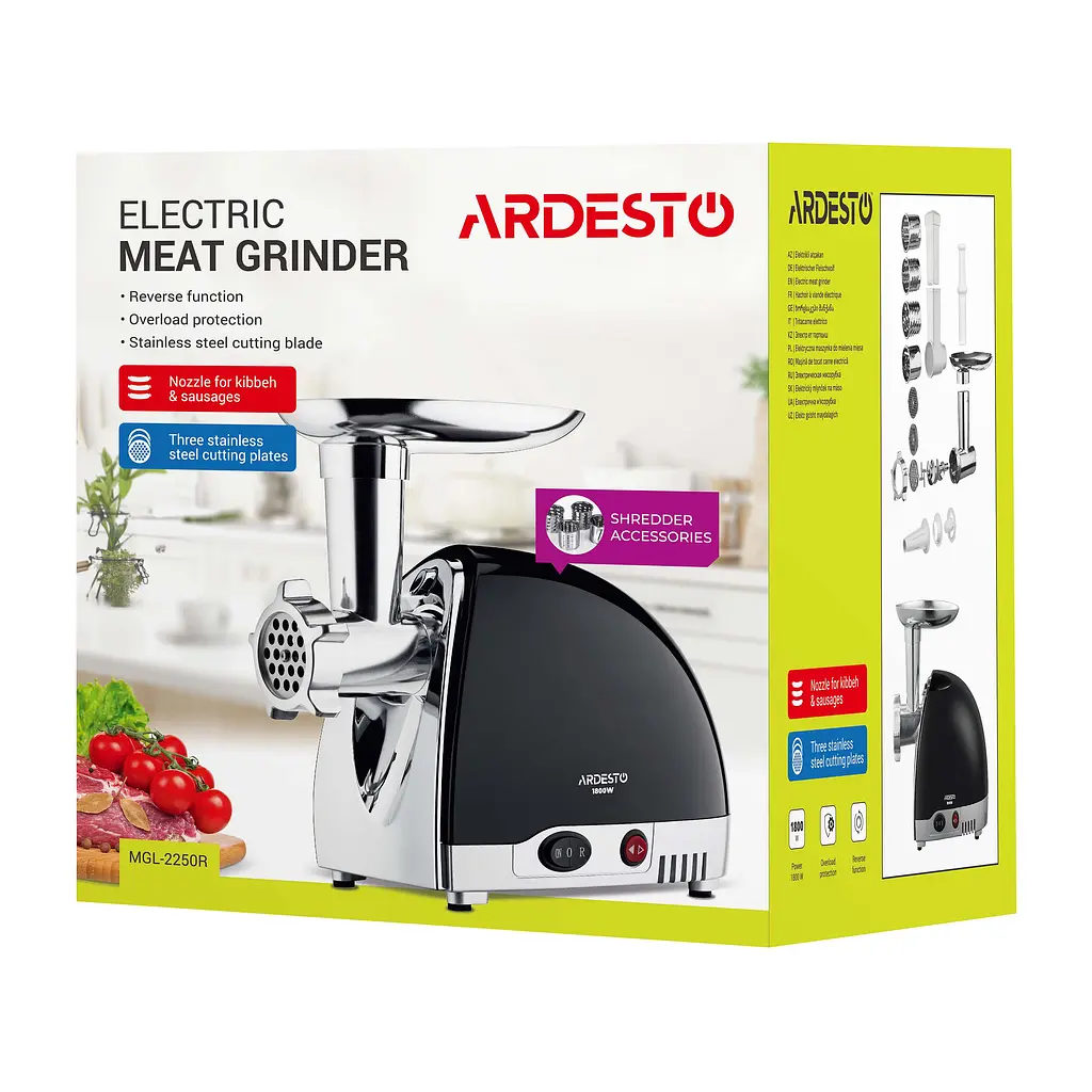 ARDESTO М'ясорубка, 1800Вт, продук.-2кг/хв, 3 решітки + для ковб., кеббе, 4 терки, пластик, чорно-сріблястий - фото 10