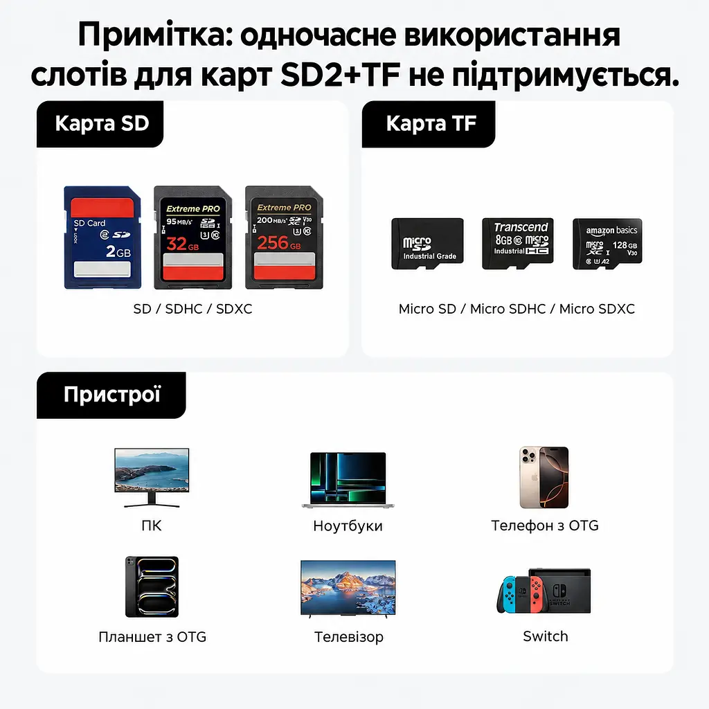 Картридер-кейс UGREEN CM856 підключення USB-C з комплектним перехідником на USB-A слоти для читання 2 × SD та microSD (TF) USB 3.0 до 5 Гбіт/с одночасне читання й запис SD1 + SD2 або SD1 + TF місця для зберігання 6 SD та 4 microSD підтримка карт до 4 ТБ Windows macOS Linux без встановлення драйверів зсувна кришка вбудований кабель 15 см сірий із чорним внутрішнім лотком (55899) - фото 6